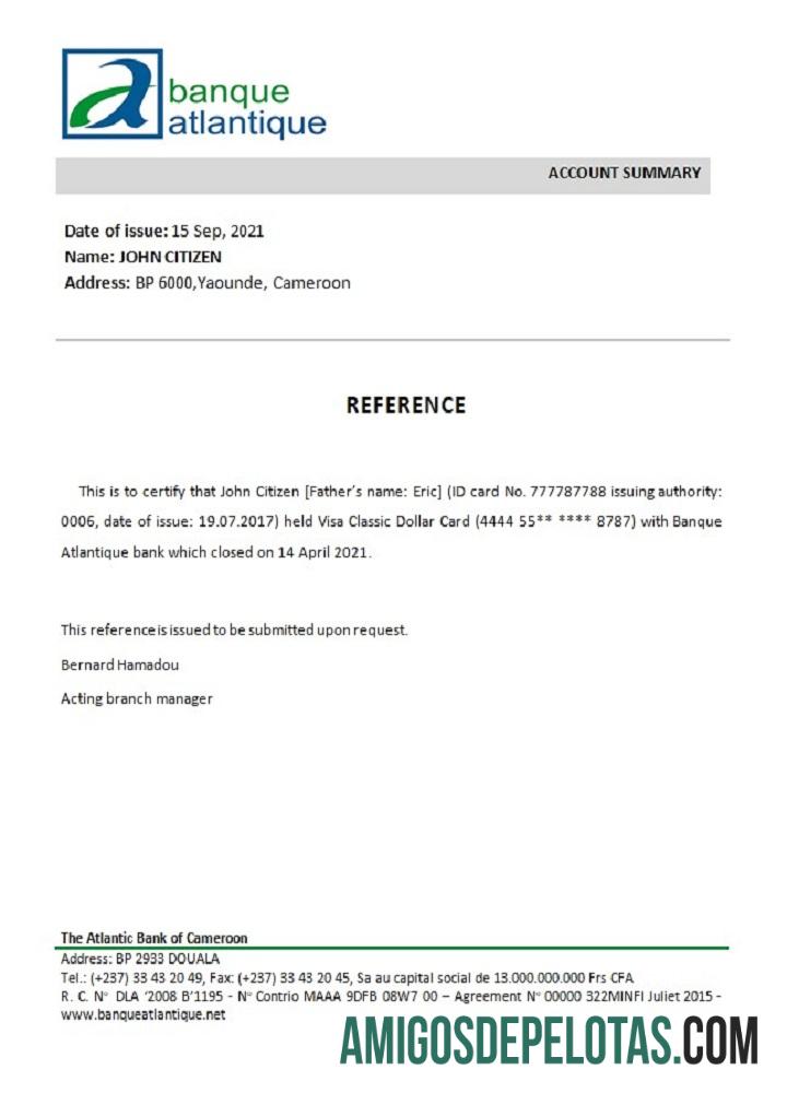 Camarões Referência de encerramento do Atlantic Bank amostra